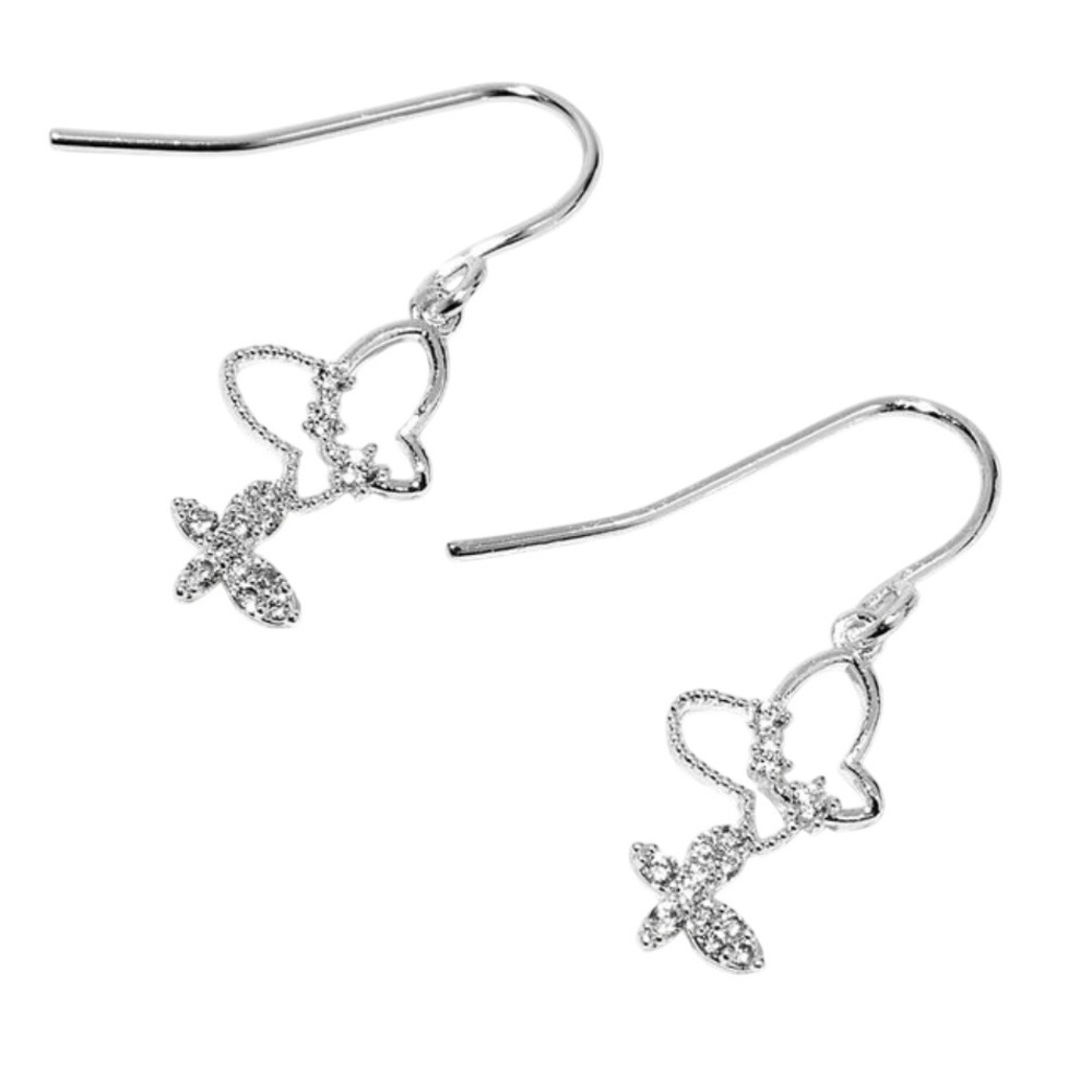 SILVER-TONE CUBIC ZIRCONIA DOUBLE BUTTERFLY 1" DROP EARRINGS